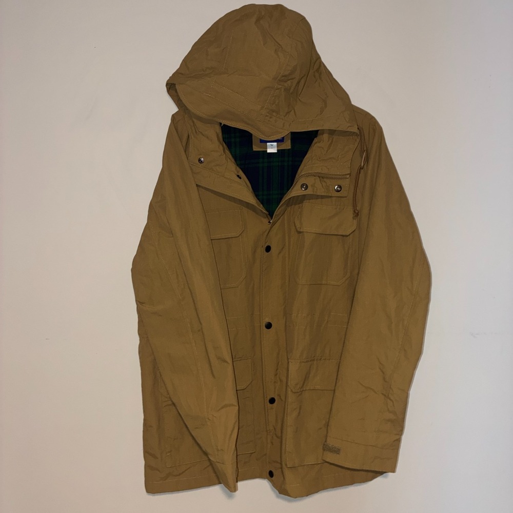 Men's Tan Field Jacket Anorak Plaid Flannel Lined Hooded 4 Pocket NWT Size L